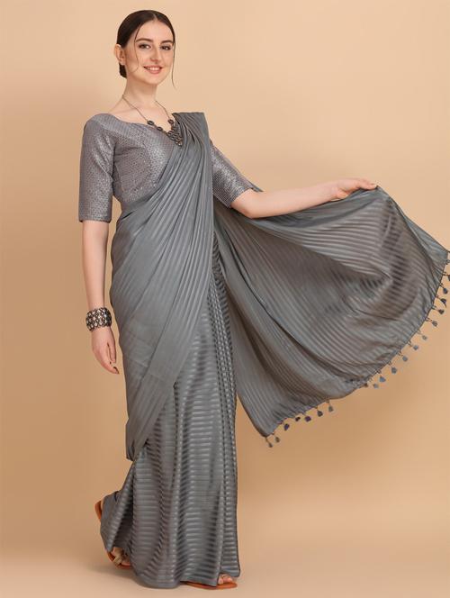 self design striped saree with blouse - 20054525 - Very Small Image - 1