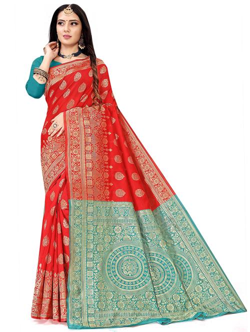 red jacquard kanjivaram saree with blouse - 20054530 - Very Small Image - 1