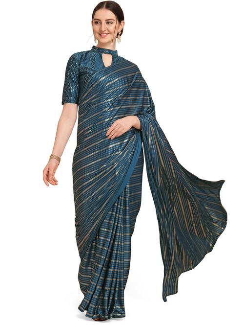 blue stripes printed saree with blouse - 20054625 - Very Small Image - 1