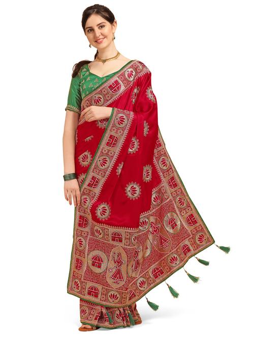 red satin saree with blouse - 20054710 - Very Small Image - 1