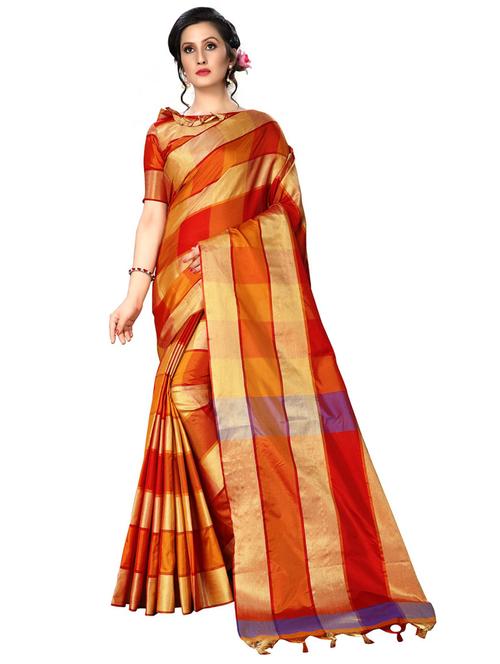 orange check woven saree - 20054789 - Very Small Image - 1
