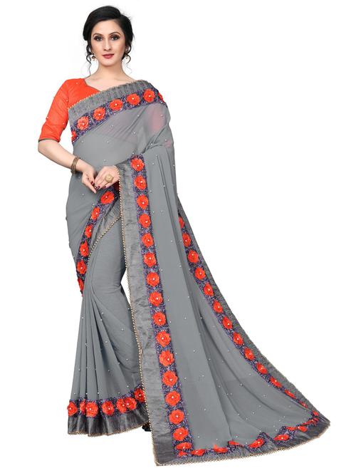grey bordered saree with blouse - 20054817 - Very Small Image - 1