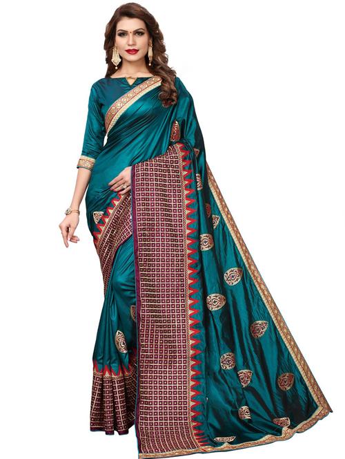 teal embroidered saree with blouse - 20054891 - Very Small Image - 1