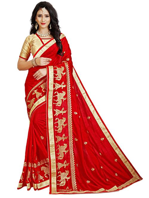 red embroidered saree with blouse - 20054900 - Very Small Image - 1