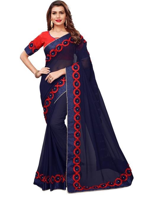 navy blue bordered saree with blouse - 20054916 - Very Small Image - 1