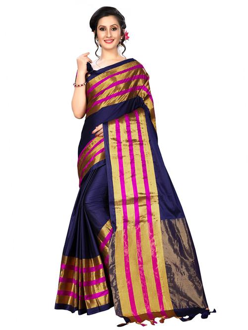 dark blue stripes woven saree with blouse - 20054930 - Very Small Image - 1