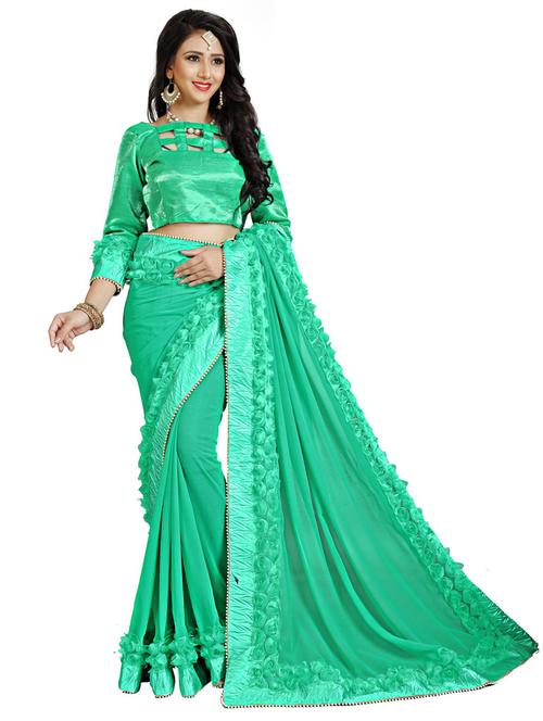 turquoise bordered saree with blouse - 20054941 - Very Small Image - 1
