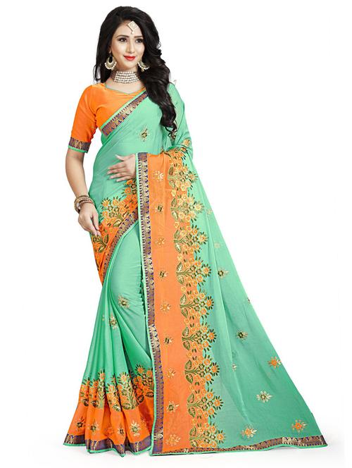 sea green embroidered saree with blouse - 20054944 - Very Small Image - 1