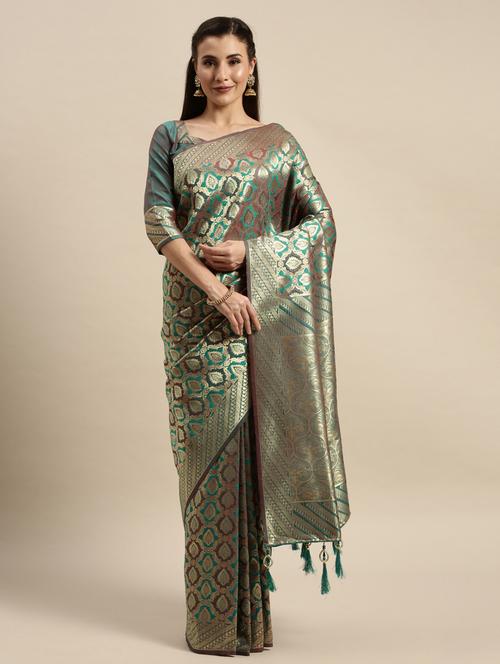 dark green jacquard banarasi saree with blouse - 20054951 - Very Small Image - 1