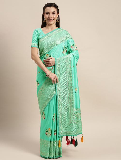 turquoise embroidered saree - 20054952 - Very Small Image - 1