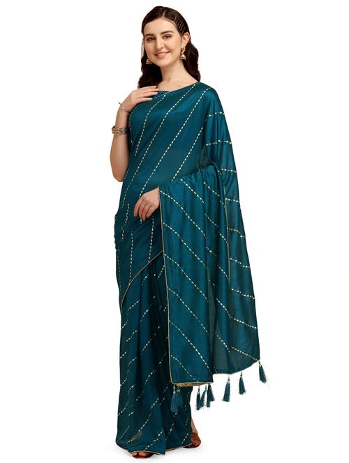 teal embroidered saree with blouse - 20054995 - Very Small Image - 1