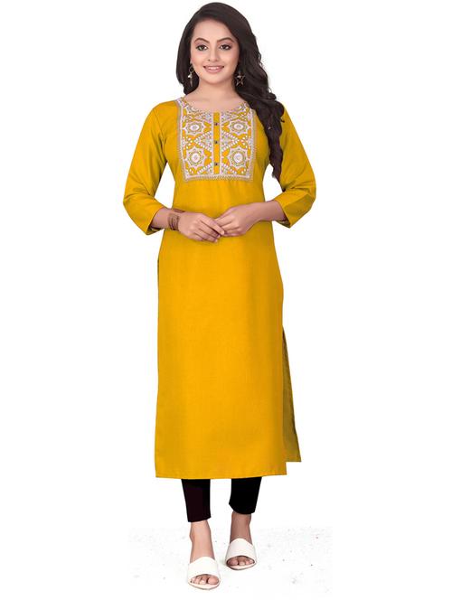 yellow cotton blend straight kurta - 20055111 - Very Small Image - 1