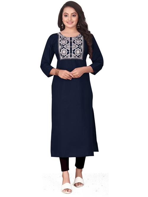 dark blue cotton blend straight kurta - 20055112 - Very Small Image - 1