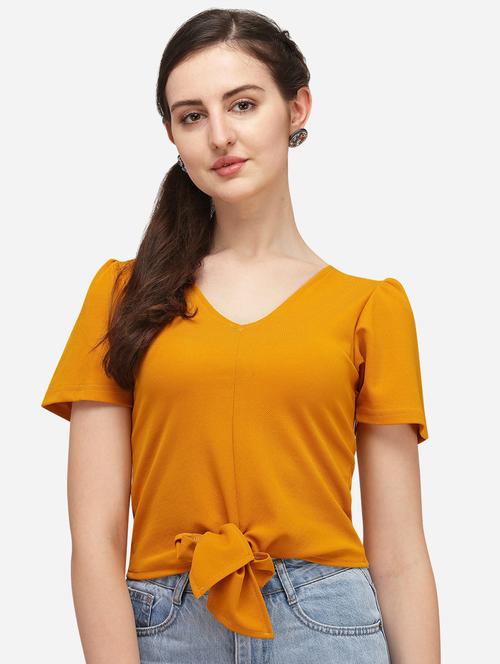 yellow solid puff sleeves waist tie-up top - 20055209 - Very Small Image - 1