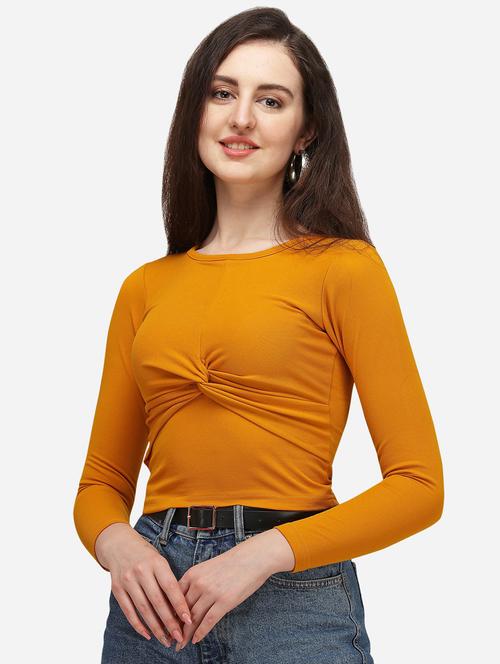 yellow solid long sleeves front twist crop top - 20055227 - Very Small Image - 1