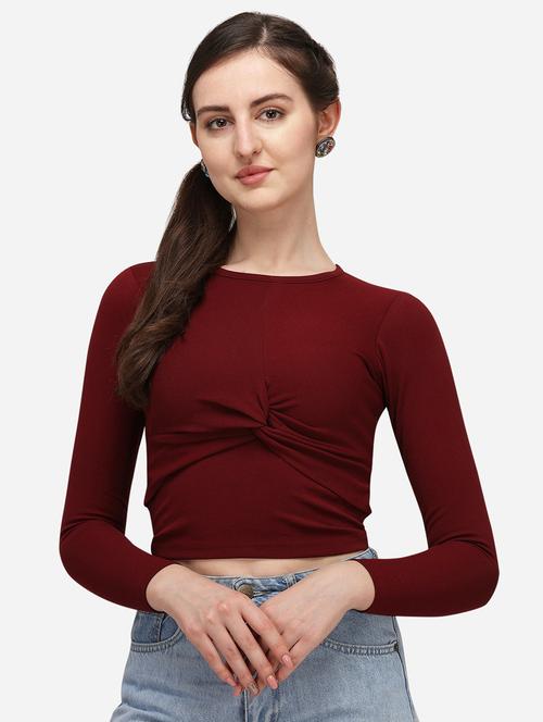maroon solid long sleeves front twist crop top - 20055228 - Very Small Image - 1