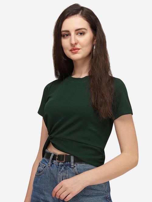 bottle green round neck half sleeve crop top - 20055235 - Very Small Image - 1