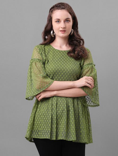 green self designed bell sleeves peplum top - 20055243 - Very Small Image - 1