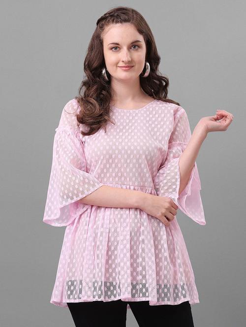 pink self designed bell sleeves peplum top - 20055245 - Very Small Image - 1