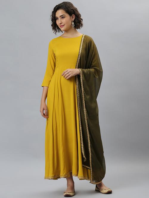 yellow rayon kurta dupatta set - 20055552 - Very Small Image - 1