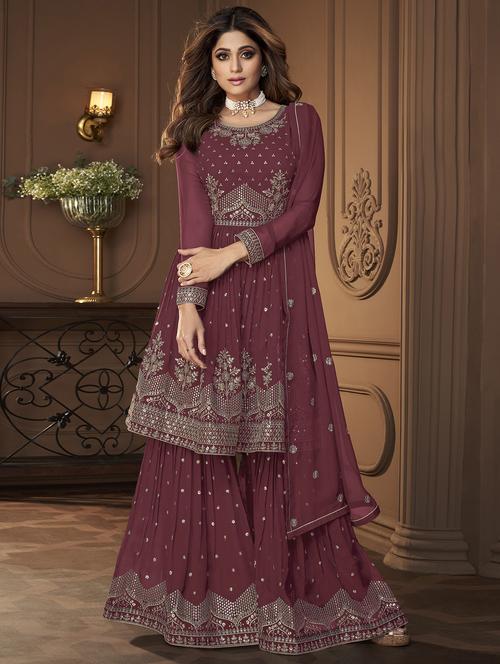 embroidered semi-stitched sharara suit set - 20055588 - Very Small Image - 1