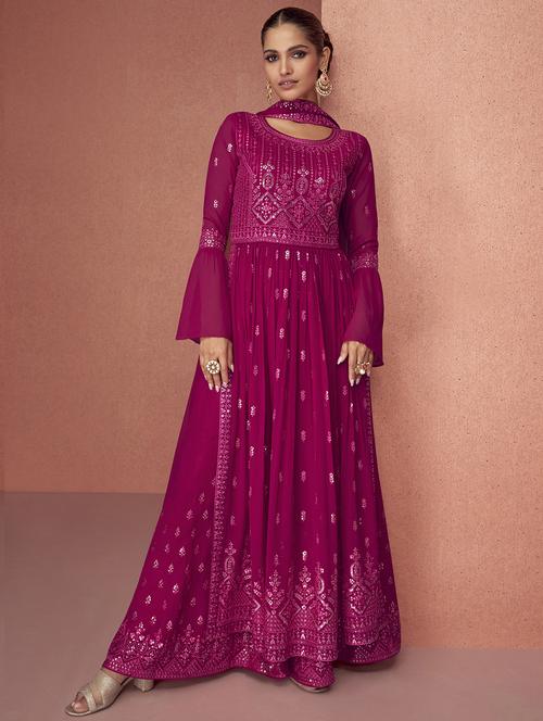 embroidered semi-stitched flared suit set - 20055597 - Very Small Image - 1