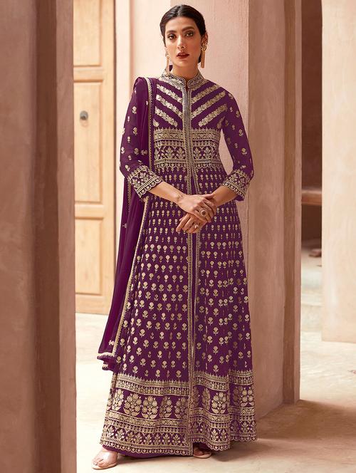 embroidered semi-stitched a-line suit set - 20055605 - Very Small Image - 1