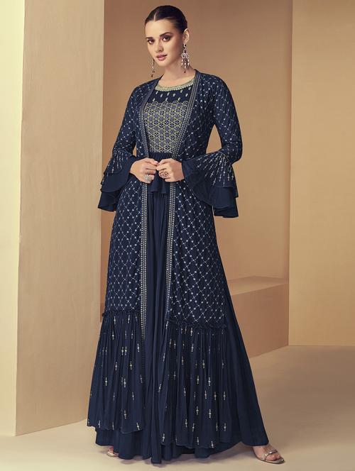 embroidered semi-stitched palazzo suit set - 20055610 - Very Small Image - 1