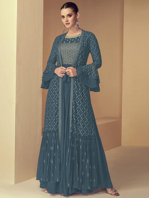 embroidered semi-stitched palazzo suit set - 20055612 - Very Small Image - 1