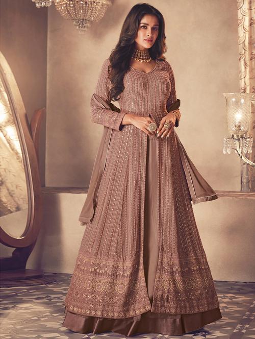 embroidered semi-stitched flared suit set - 20055617 - Very Small Image - 1