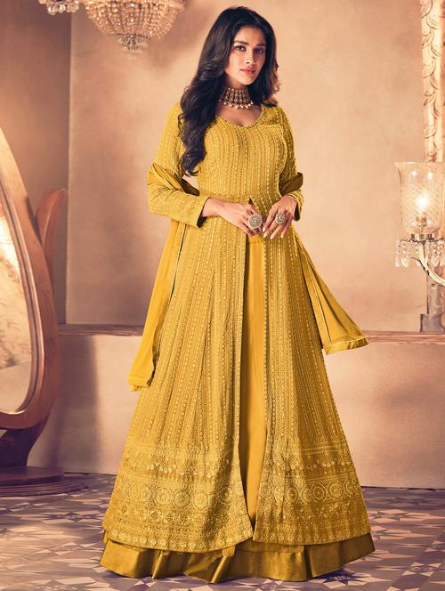 embroidered semi-stitched flared suit set - 20055620 - Very Small Image - 1