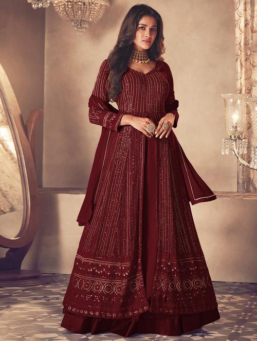 embroidered semi-stitched flared suit set - 20055623 - Very Small Image - 1