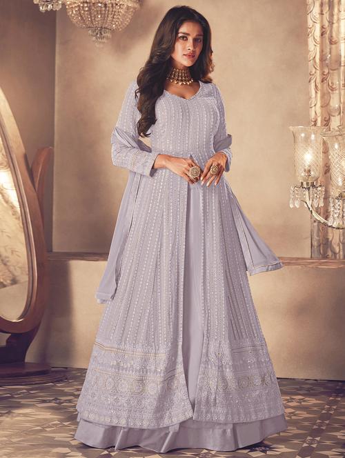 embroidered semi-stitched flared suit set - 20055630 - Very Small Image - 1