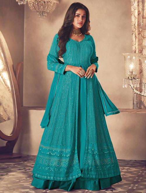 embroidered semi-stitched flared suit set - 20055633 - Very Small Image - 1