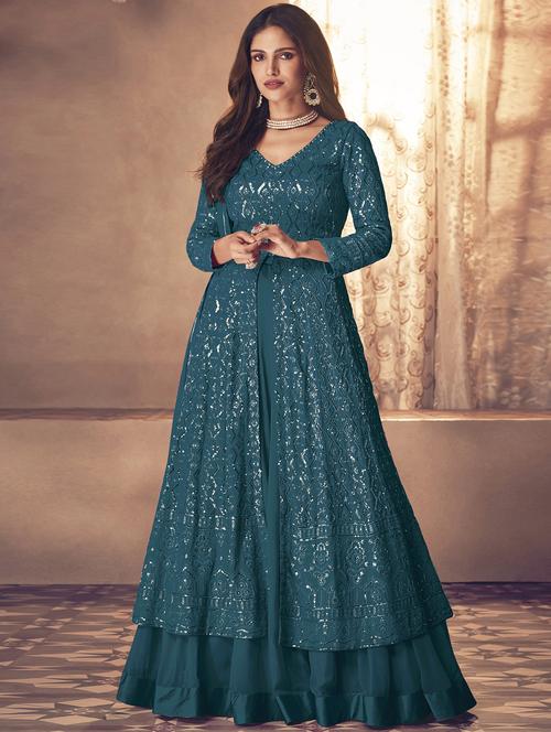 embroidered semi-stitched flared suit set - 20055637 - Very Small Image - 1