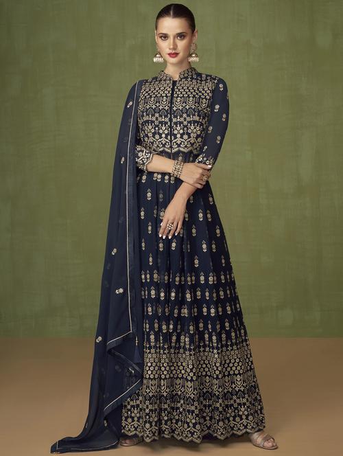 embroidered semi-stitched flared suit set - 20055642 - Very Small Image - 1