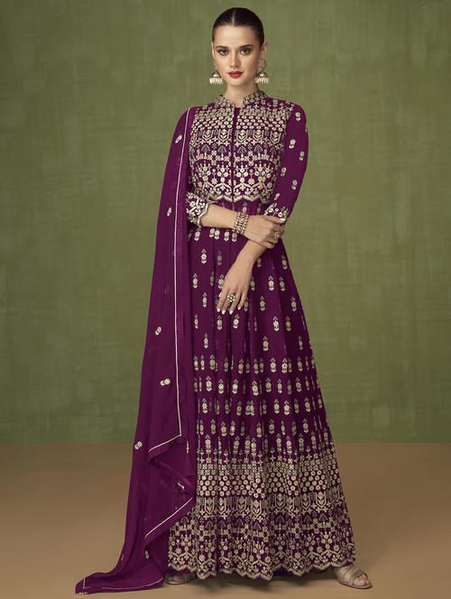 embroidered semi-stitched flared suit set - 20055644 - Very Small Image - 1