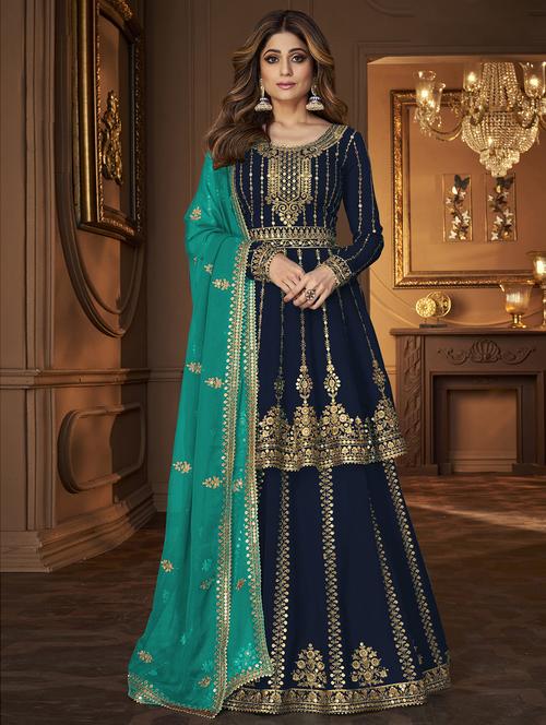embroidered semi-stitched flared suit set - 20055647 - Very Small Image - 1