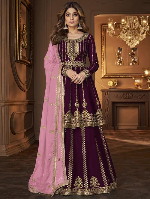 embroidered semi-stitched flared suit set - 20055648 - Very Small Image - 1