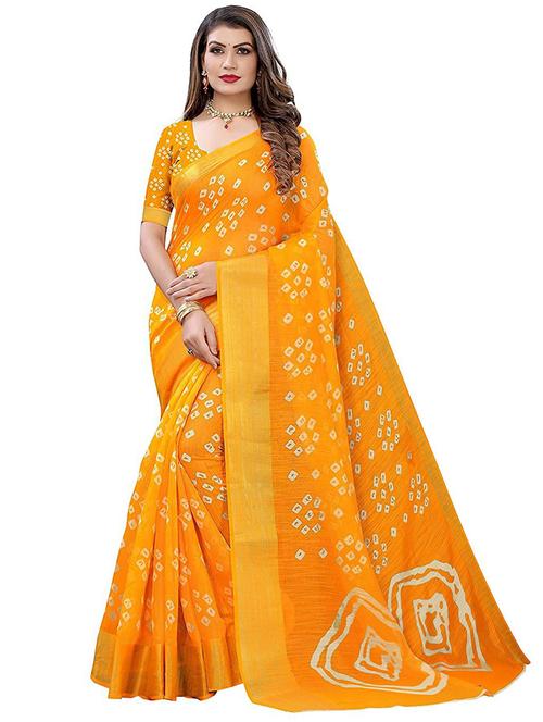 yellow cotton blend bandhani saree with blouse - 20055954 - Very Small Image - 1