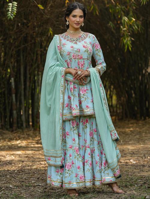 v neck kurta sharara set with dupatta - 20056193 - Very Small Image - 1