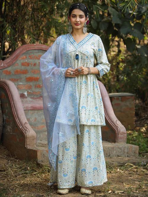 v neck kurta sharara set with dupatta - 20056200 - Very Small Image - 1