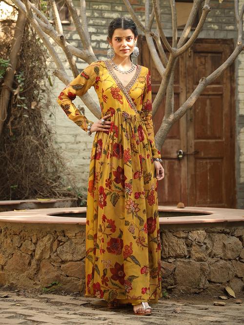 mustard silk blend flared gown - 20056230 - Very Small Image - 1