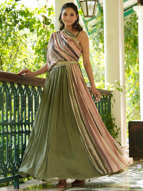 green self design flared gown - 20056505 - Very Small Image - 1