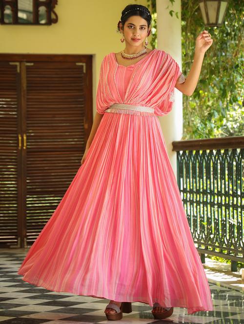 pink stripes flared gown - 20056508 - Very Small Image - 1