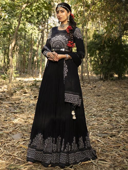 printed pleated anarkali gown with dupatta - 20056514 - Very Small Image - 1