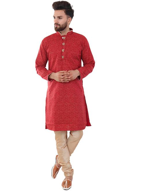 red cotton silk kurta pyjama ethnic wear set - 20058608 - Very Small Image - 1