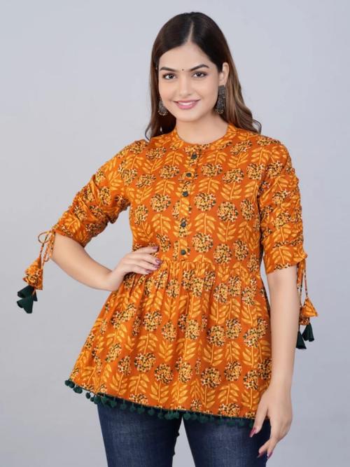 orange mandarin neck printed regular tunic - 20058644 - Very Small Image - 1