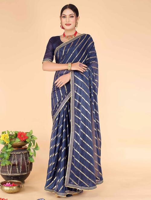women's stripes navy blue colored saree with blouse - 20058713 - Very Small Image - 1