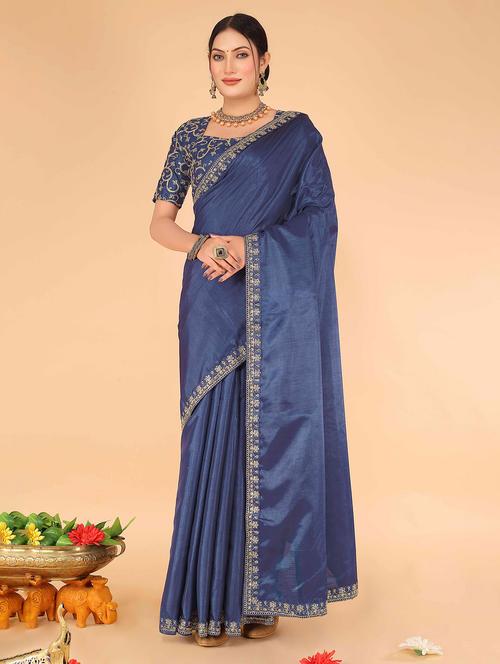 navy blue solid bordered saree with blouse - 20058714 - Very Small Image - 1